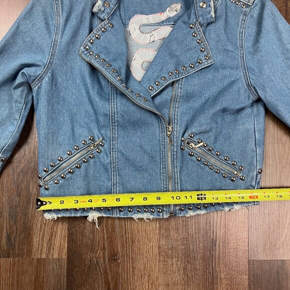 Fernanda Farah Snake Patch Denim Crop Moto Jacket Embroidered Studded Medium - Picture 10 of 14